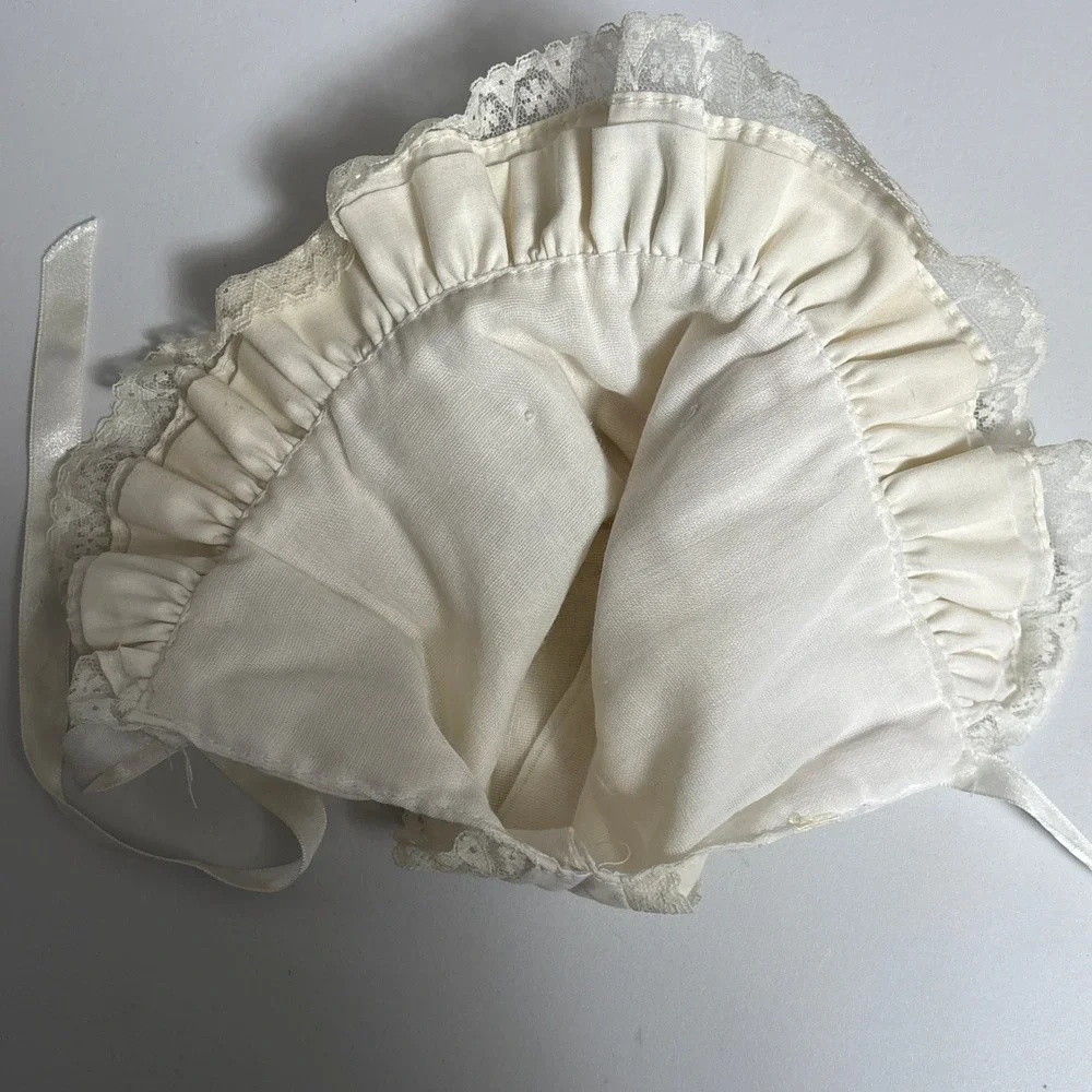 Vintage Baby Bonnet Cream Lace Ruffle Floral Embroidery Ribbon Heart Christening